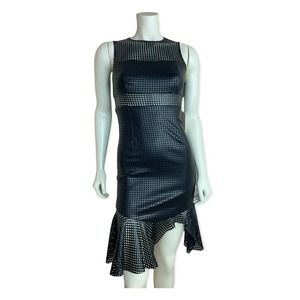 Jay Godfrey Black Faux Leather Perforated Ruffle Dress